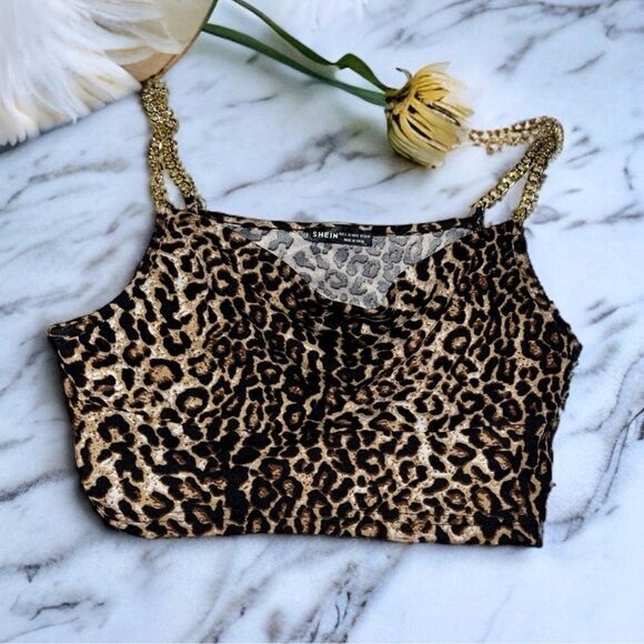 🍭 SHEIN Sexy Cropped Top Animal Print Draped Bodice Gold Chain Straps Size Large - Picture 4 of 16